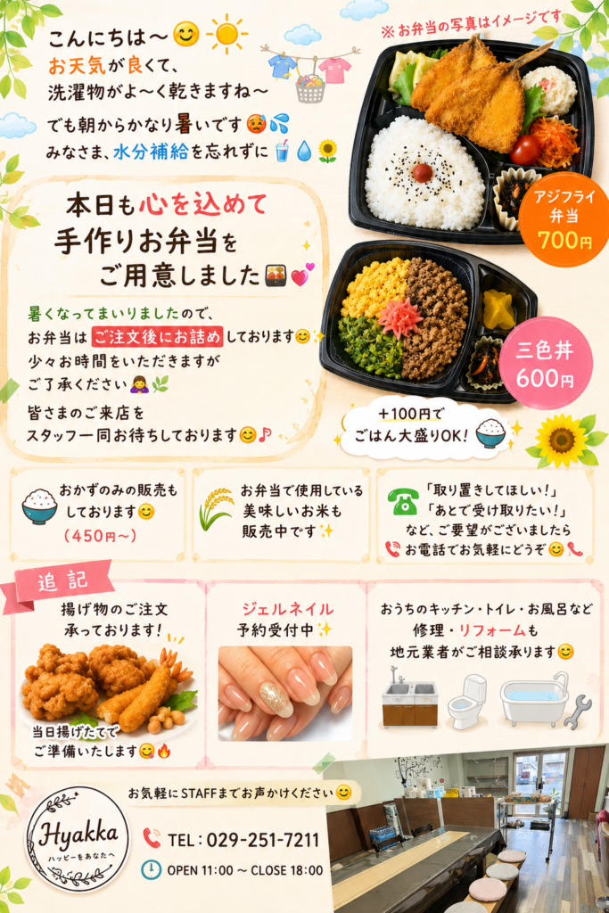水戸市の手作り弁当「Hyakka」本日はアジフライ弁当＆三色丼を販売！