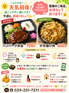【水戸市ランチ】ハンバーグ弁当・かき揚げ丼の日替わり弁当｜テイクアウト販売中